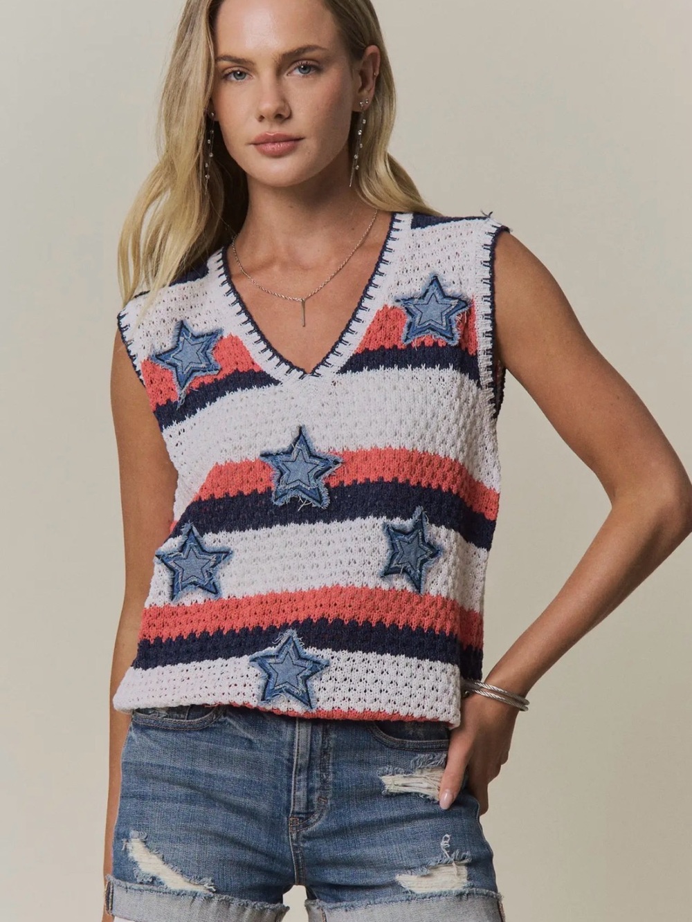 American flag stars stripe patriotic crochet embroidered stitch tunic top tank